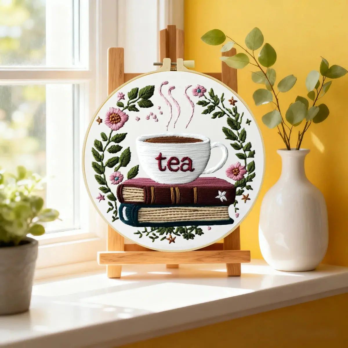 Handmade Tea Lover Embroidery Hoop Wall Art – Floral Book Stack Kitchen Decor Kits For Stitchers