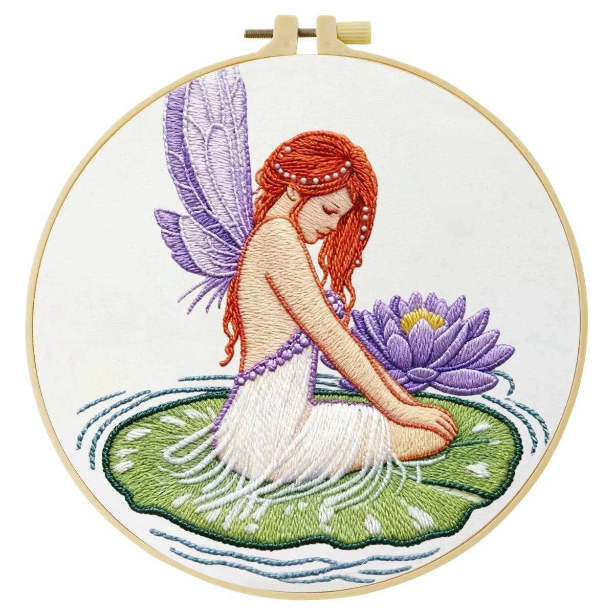 Fairy on Lily Pad Embroidery DIY Kit – Fantasy Beginner Stitching Kit with Hoop, Pattern & Threads