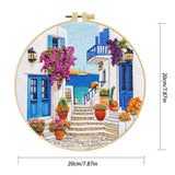 Greek Island Alley Embroidery Kit – Mediterranean Coastal Street DIY Needlepoint Hoop Art Santorini Inspired Home Decor Craft Gift