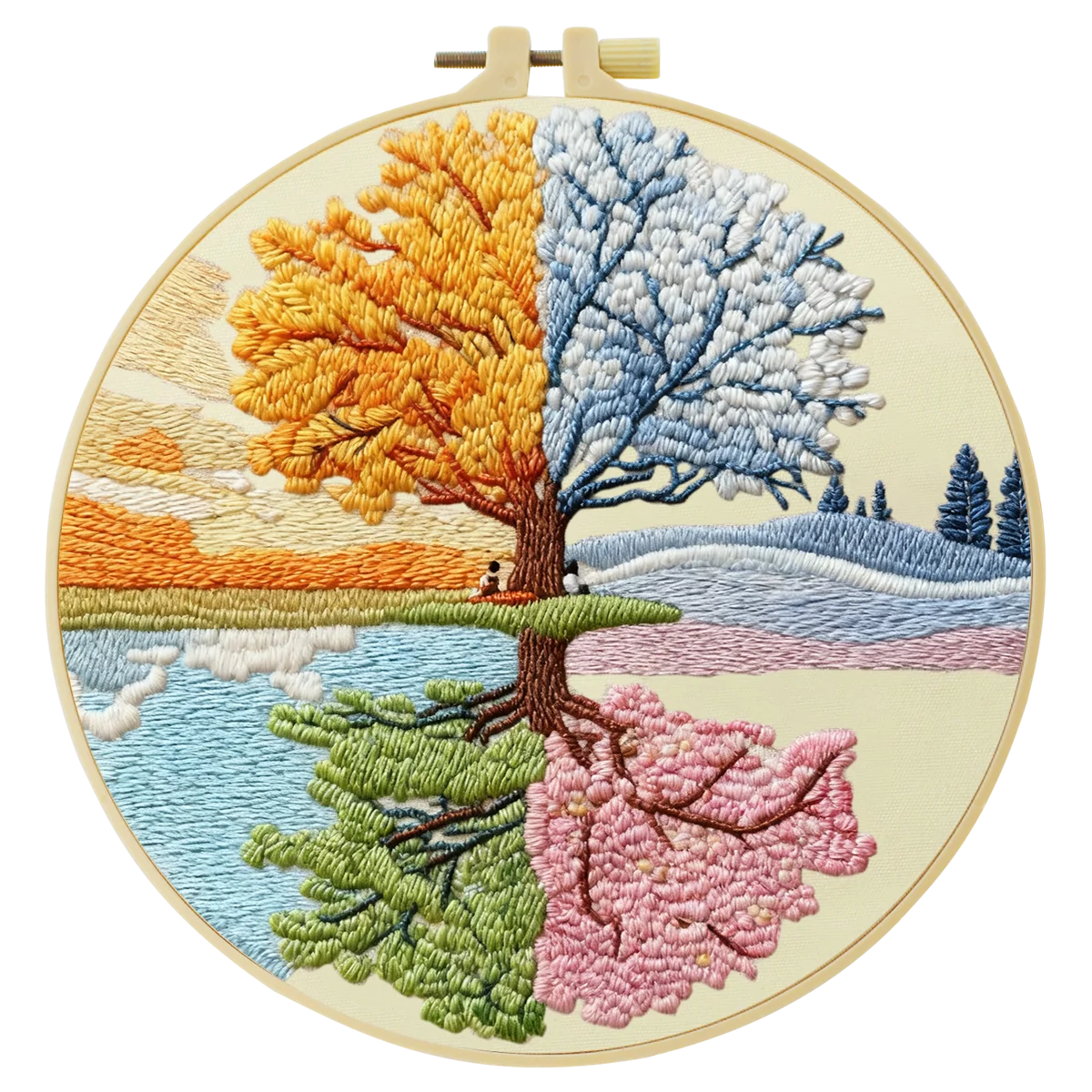 Four Seasons Tree Embroidery Kit – Spring Summer Autumn Winter Landscape DIY Hand Embroidery Hoop Art, Nature Wall Decor Craft K