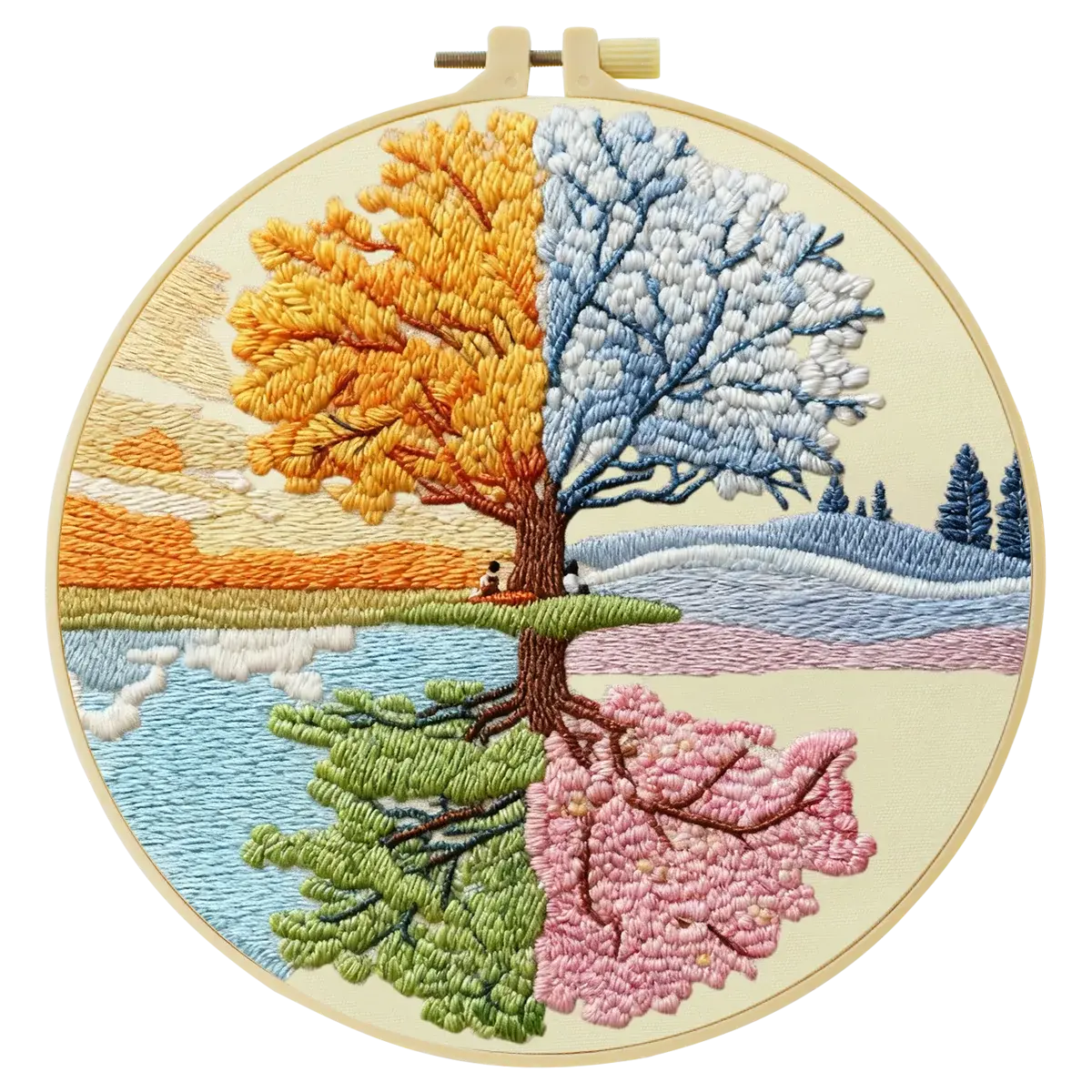 Four Seasons Tree Embroidery Kit – Spring Summer Autumn Winter Landscape DIY Hand Embroidery Hoop Art, Nature Wall Decor Craft K Kits For Stitchers