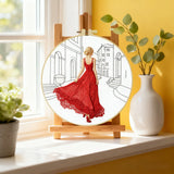 Elegant Red Dress Embroidery Kit – Fashion Lady Street Scene Needlepoint Pattern with Parisian Style & Modern Minimalist Art