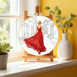 Elegant Red Dress Embroidery Kit – Fashion Lady Street Scene Needlepoint Pattern with Parisian Style & Modern Minimalist Art Kits For Stitchers