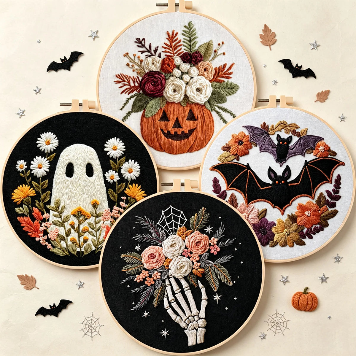 Spooky Floral Halloween Embroidery Kit – Set of 4