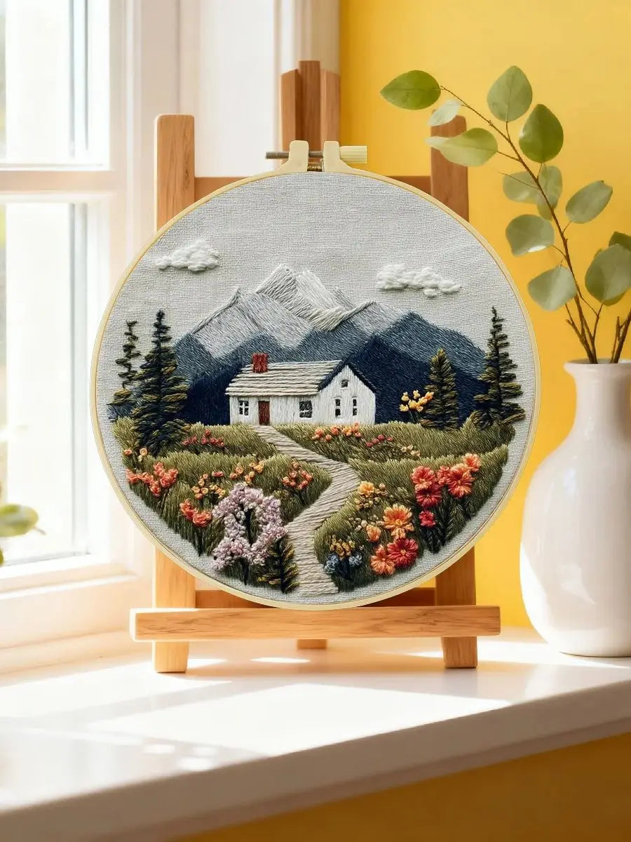 Mountain Cottage Embroidery Kit for Adults – Cozy Cabin Landscape with Wildflowers DIY Hand Embroidery Hoop Art Decor Gift