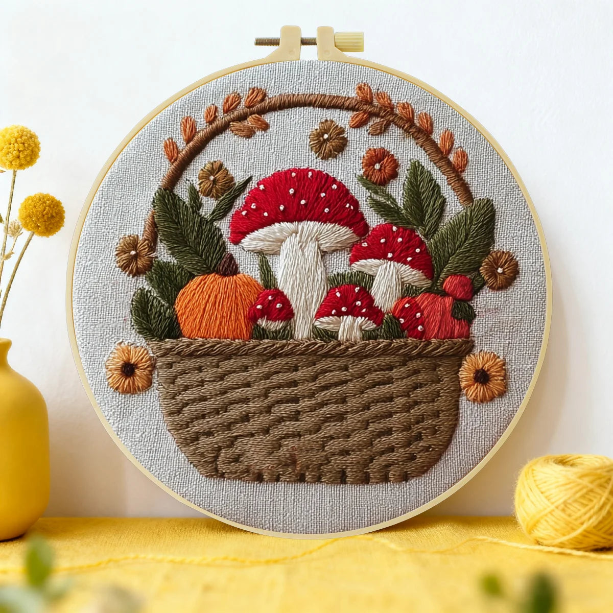 Hand-Embroidered Mushroom Basket Wall Art – Woodland Hoop Decor