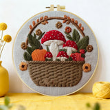 Hand-Embroidered Mushroom Basket Wall Art – Woodland Hoop Decor