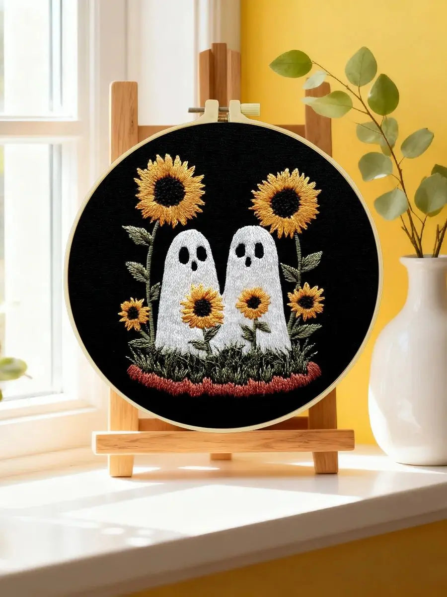 Cute Ghosts with Sunflowers Embroidery Starter Kit – DIY Halloween Sewing Art Set for Beginners