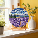 Handmade Lavender Field Embroidery Hoop Wall Art – Starry Night Inspired Landscape Decor