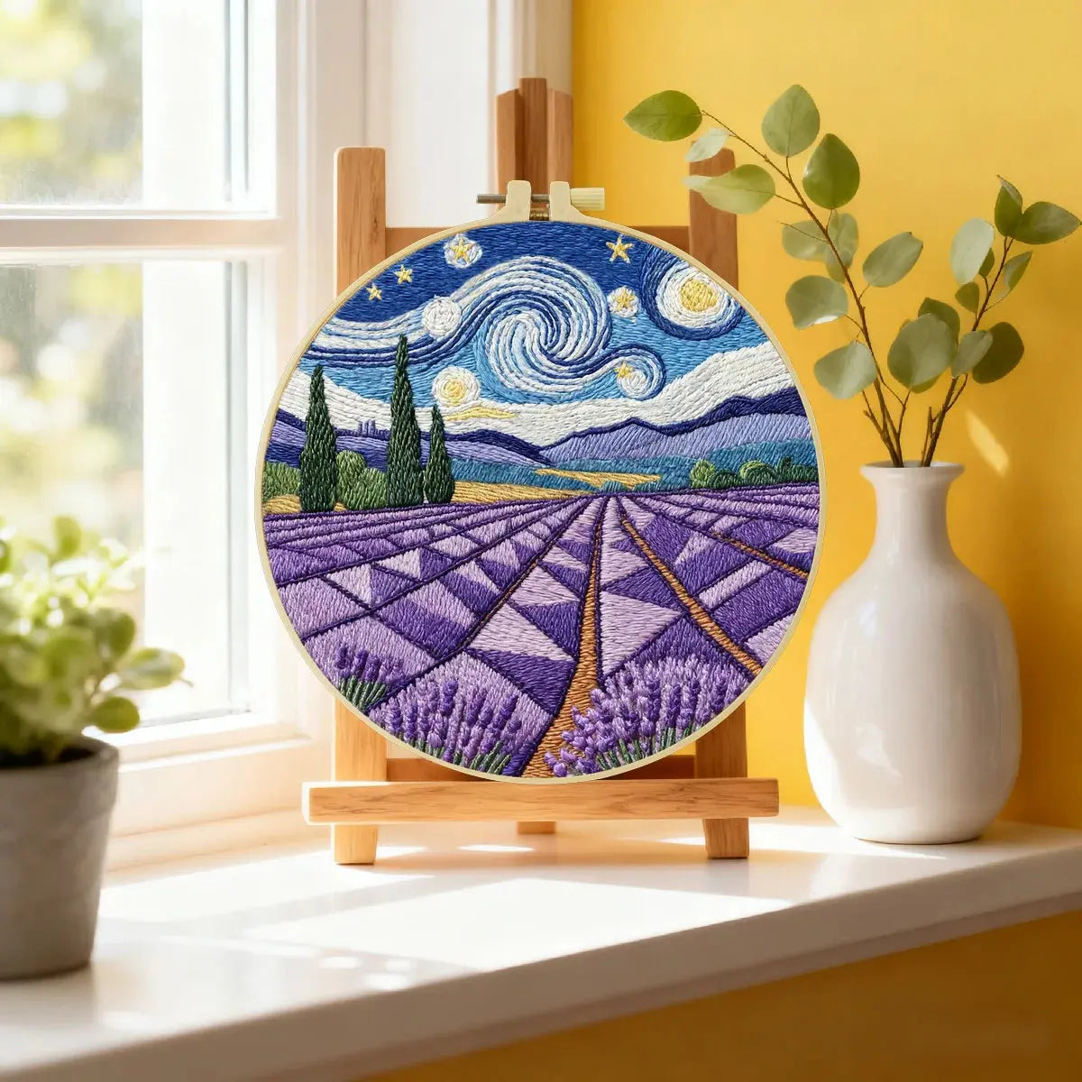 Handmade Lavender Field Embroidery Hoop Wall Art – Starry Night Inspired Landscape Decor Kits For Stitchers