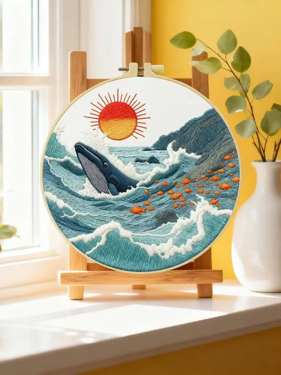 Ocean Whale Embroidery Kit – Coastal Sea Life DIY Hand Embroidery Hoop Art Set