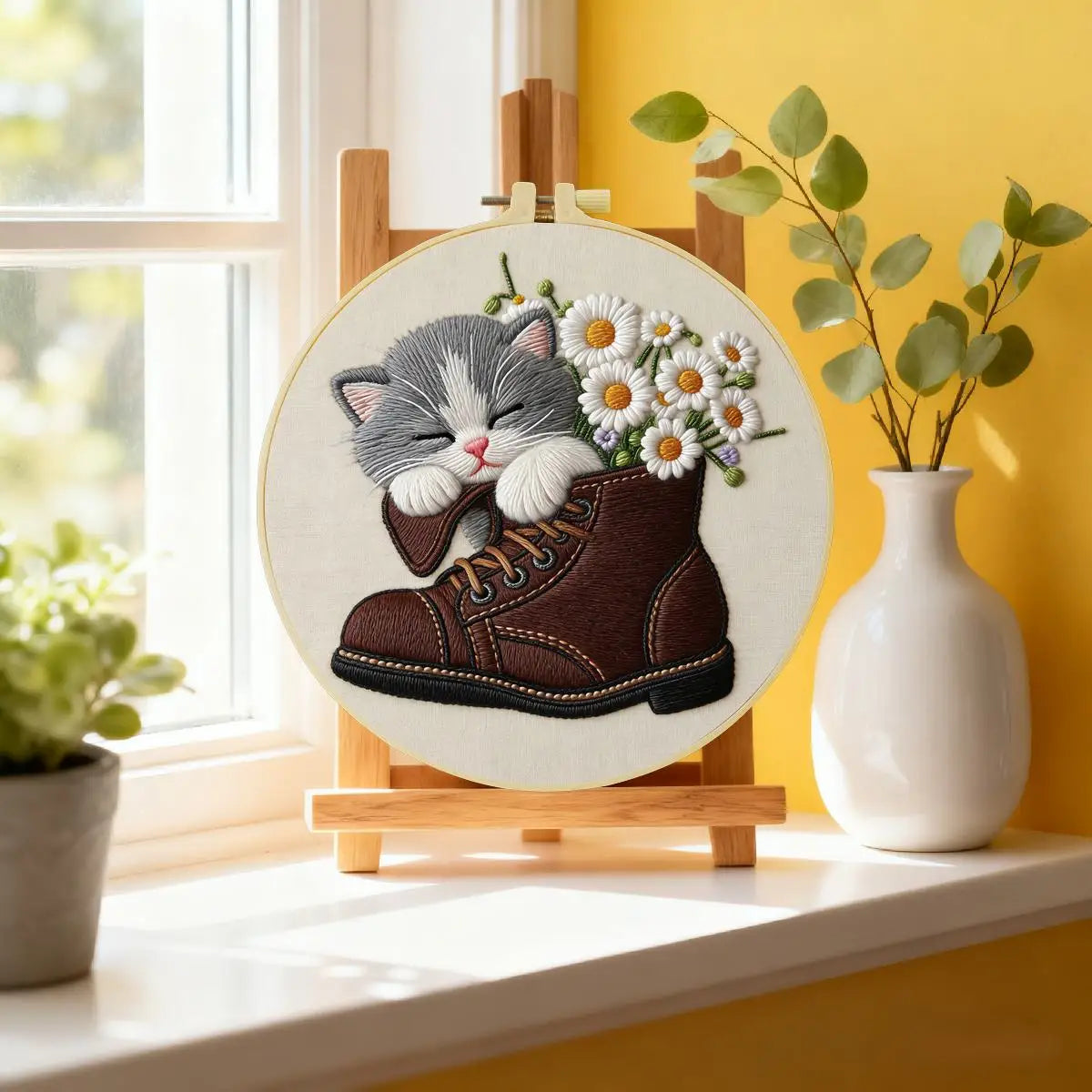 Sleeping Kitten Embroidery Kit for Beginners – DIY Floral Cat Hand Embroidery Hoop Set