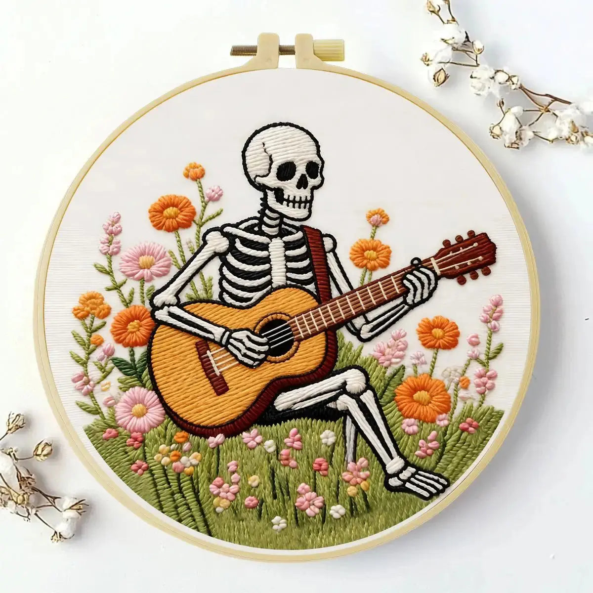 Skeleton Guitarist Embroidery Kit โ Floral Music & Wildflower Design Kits For Stitchers