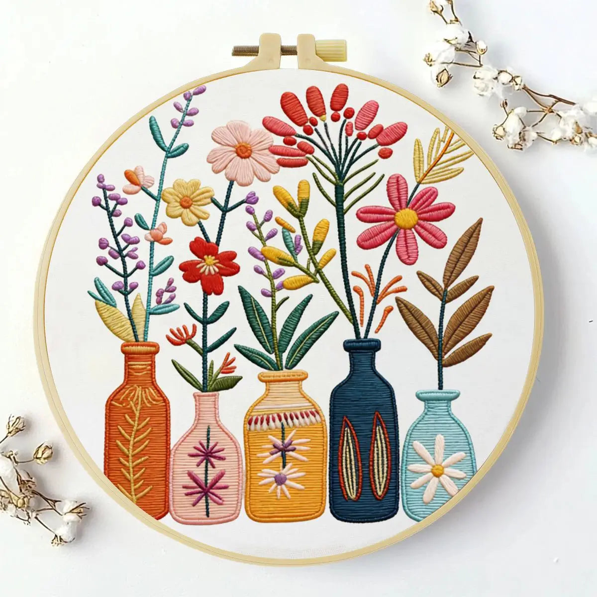 Floral Vase Embroidery Kit for Beginners – DIY Modern Flower Hand Embroidery Hoop Set
