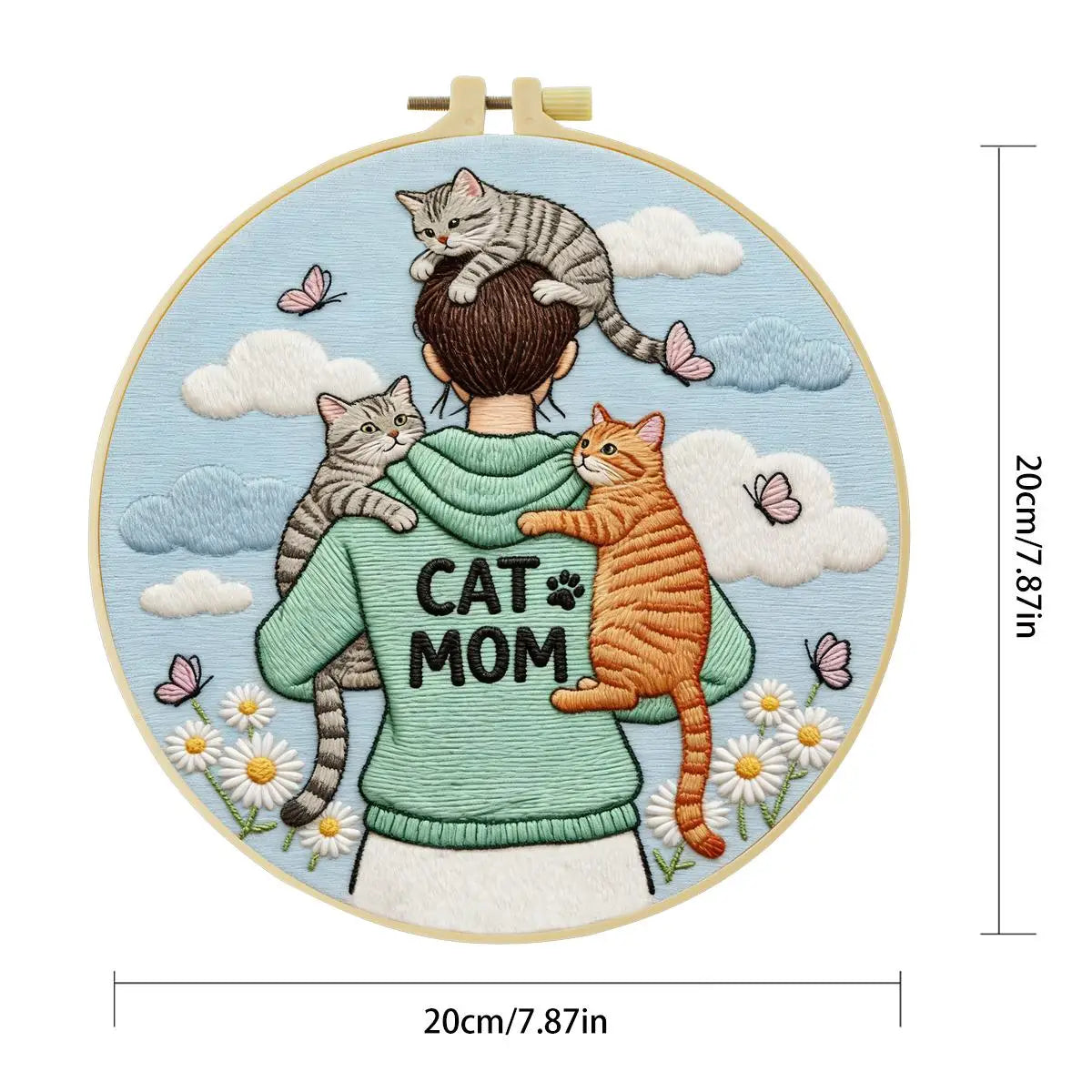 Cat Mom Punch Needle Wall Art – Handmade Embroidery Hoop Decor for Nursery & Cozy Rooms