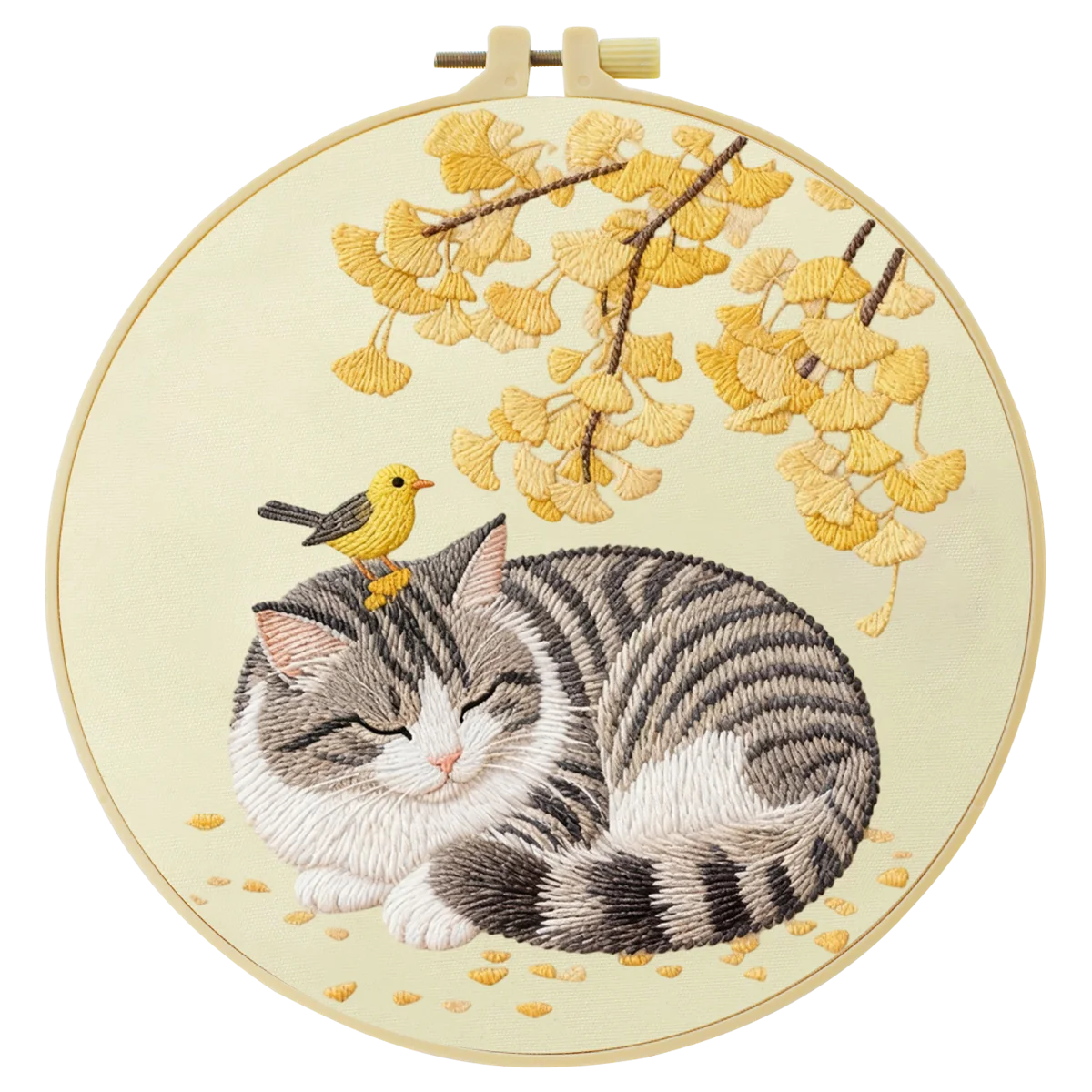 Sleeping Cat with Bird Embroidery Starter Kit – DIY Cute Animal Sewing Art Set for Beginne