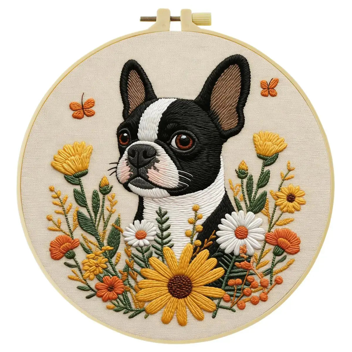 Boston Terrier Embroidery Kit – Floral Puppy DIY Hand Embroidery Hoop Art Set Kits For Stitchers