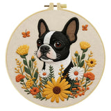 Boston Terrier Embroidery Kit – Floral Puppy DIY Hand Embroidery Hoop Art Set Kits For Stitchers