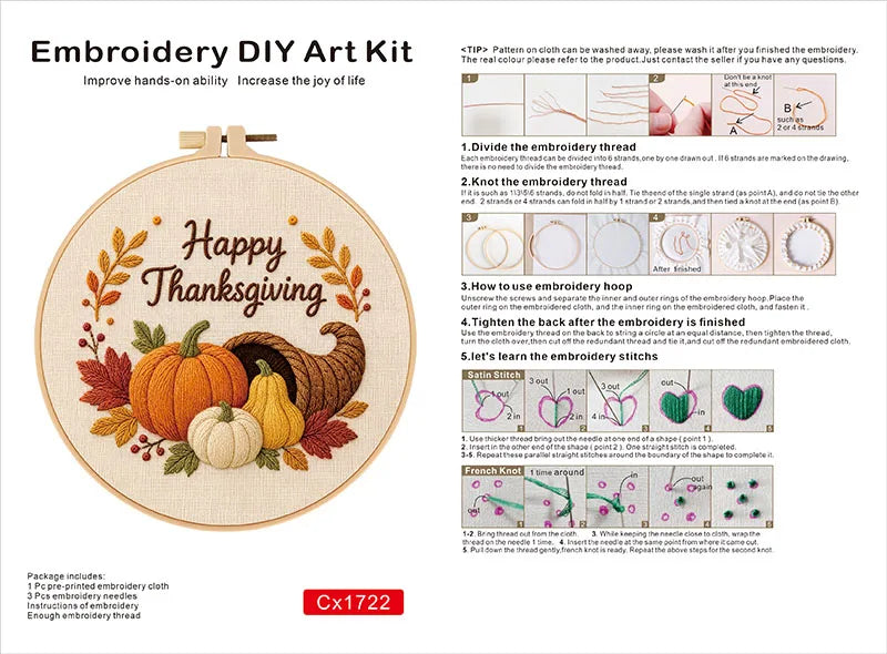 Happy Thanksgiving Embroidery Kit Collection – 4 Designs