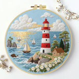 Coastal Lighthouse Embroidery Kit – Nautical Ocean Seascape DIY Needlepoint Hoop Art Beach House Decor Craft Gift for Adults