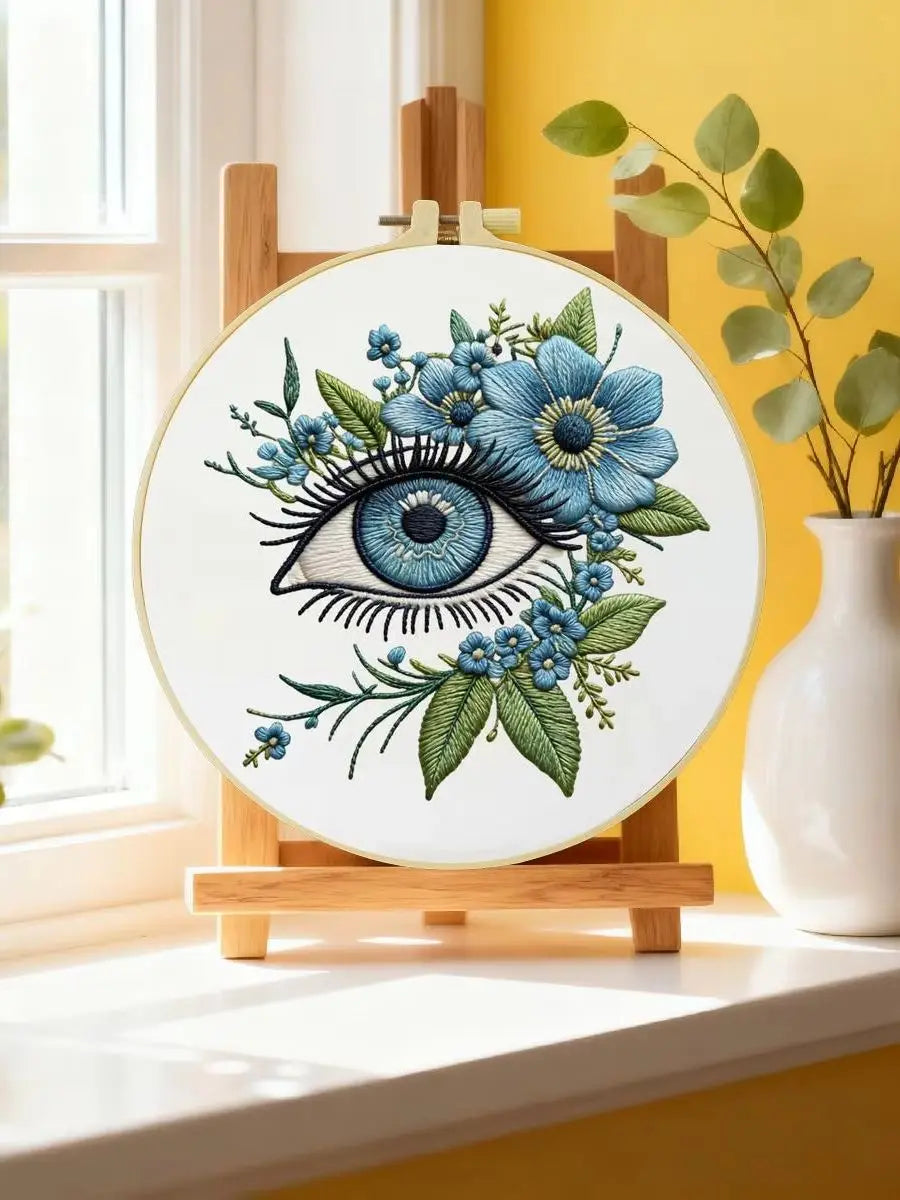 Blue Evil Eye Embroidery Kit for Beginners – DIY Floral Hand Embroidery Hoop Set