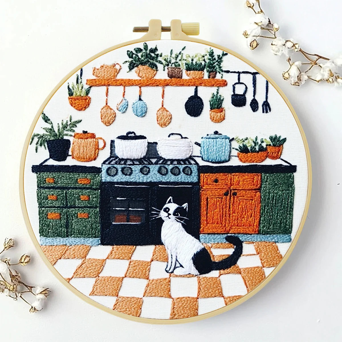 Cozy Kitchen Cat Embroidery Kit – Cottage Style DIY Stitch Pattern