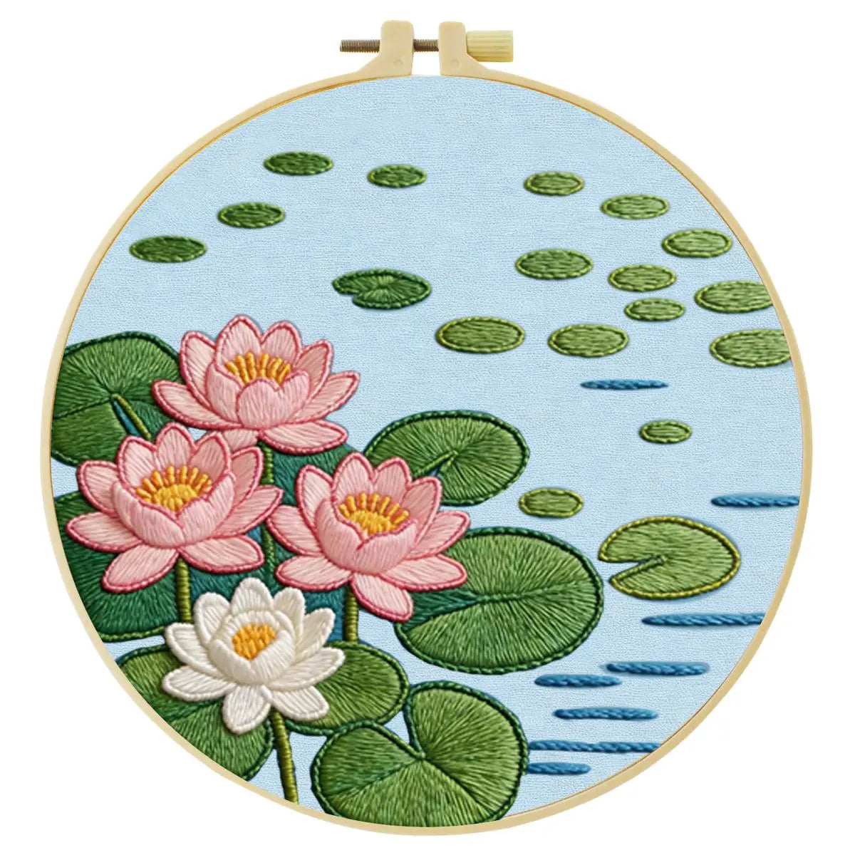 Lotus Flower Pond Punch Needle Wall Art – Handmade Embroidery Hoop Decor for Nursery & Cozy Rooms