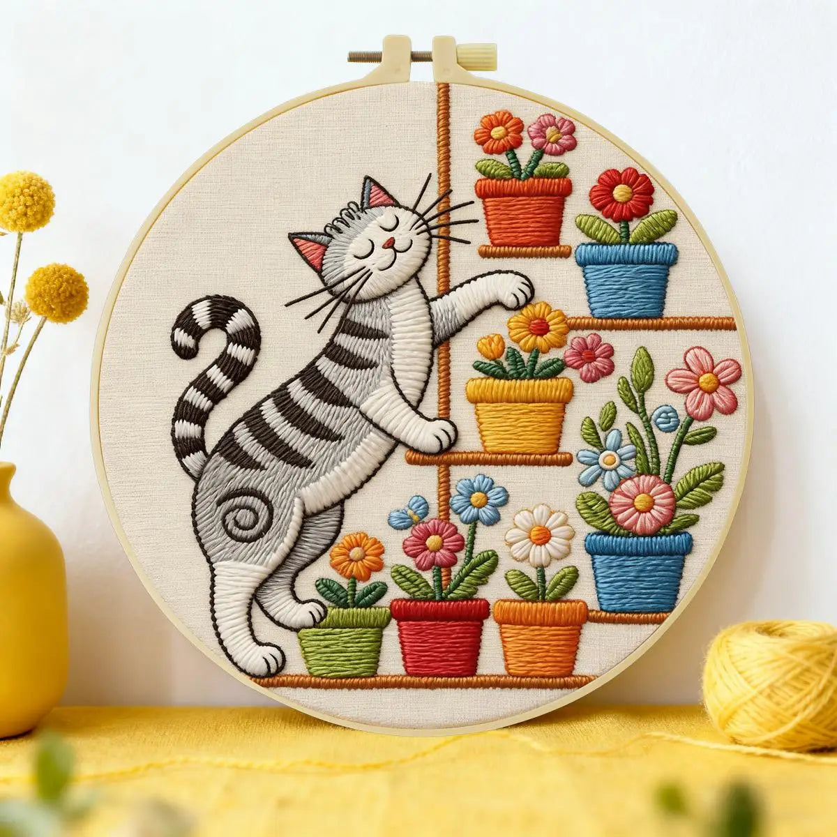Cute Cat & Flowers Punch Needle Wall Art – Handmade Embroidery Hoop Decor for Nursery & Cozy Rooms