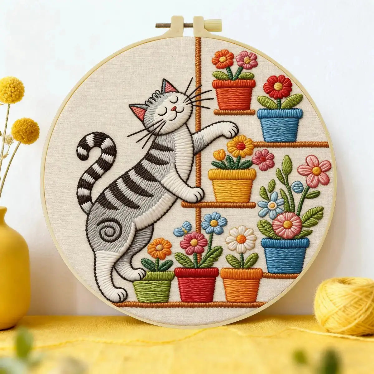 Cute Cat & Flowers Punch Needle Wall Art – Handmade Embroidery Hoop Decor for Nursery & Cozy Rooms Kits For Stitchers