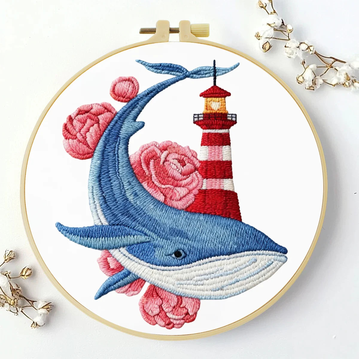 Whale & Lighthouse Embroidery DIY Kit – Nautical Ocean Animal Hand Stitching Craft with Hoop & Threads