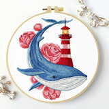 Whale & Lighthouse Embroidery DIY Kit – Nautical Ocean Animal Hand Stitching Craft with Hoop & Threads