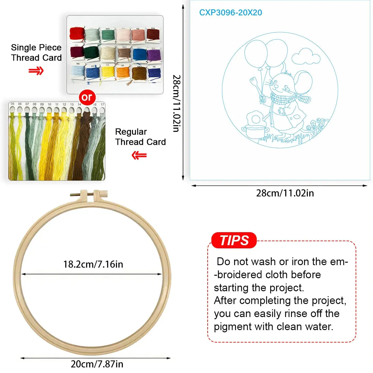 Cute Mouse with Balloons Embroidery Starter Kit DIY – Beginner Cartoon Animal Hand Embroidery Kit Kits For Stitchers