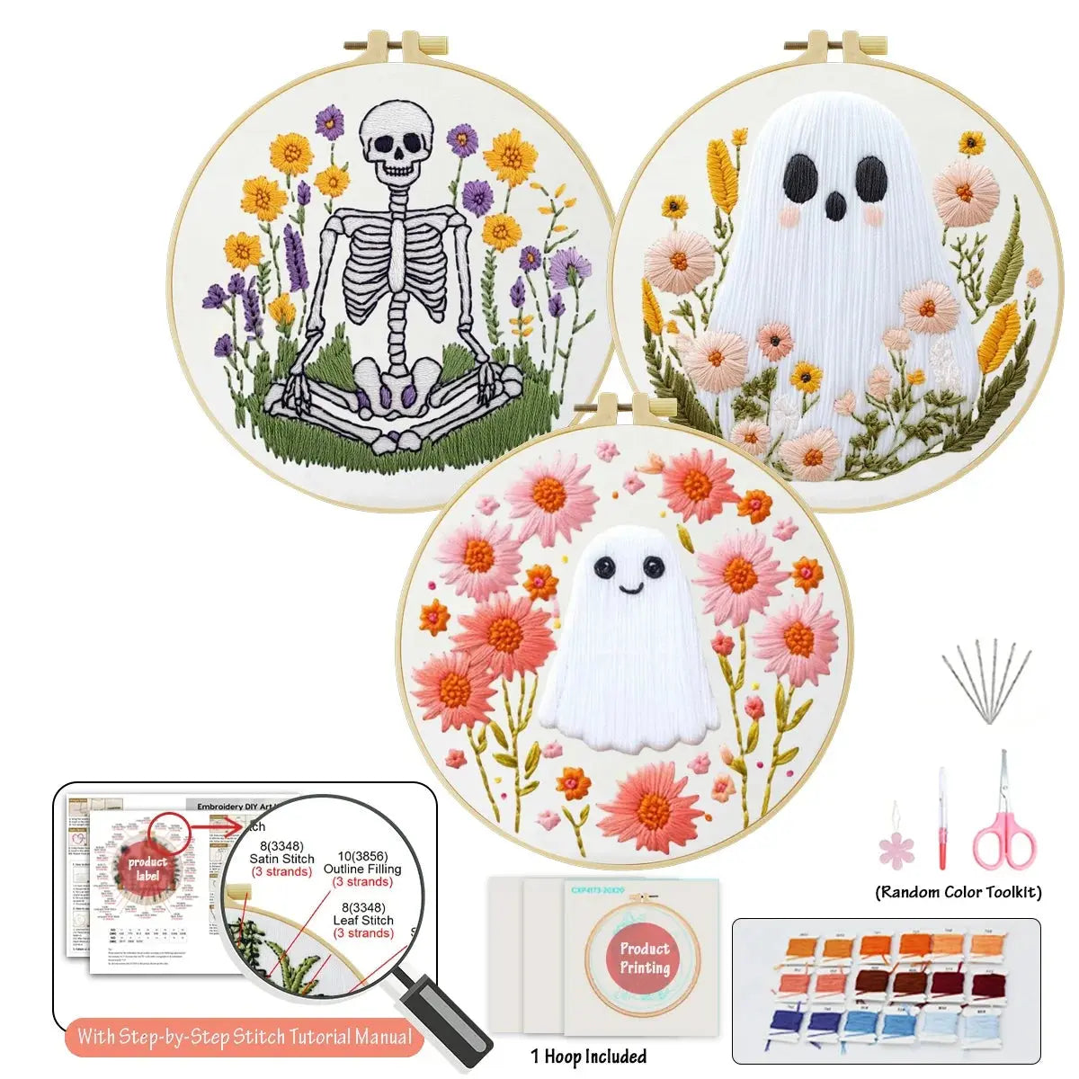 Floral Ghosts & Skeleton Embroidery Kit โ 3 Designs Kits For Stitchers