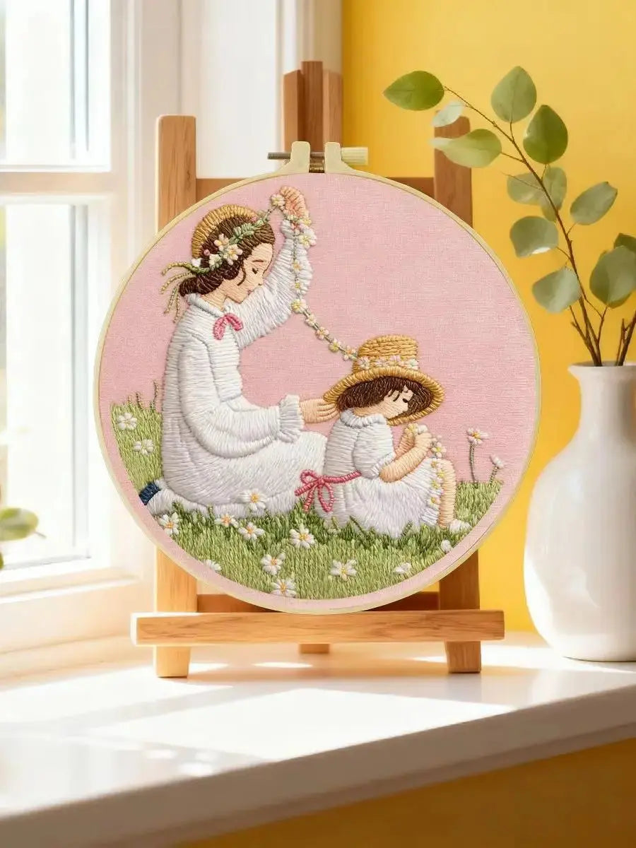Mother & Daughter Daisy Chain Embroidery Kit – Heartwarming Floral DIY Hand Embroidery Hoop Art Set Kits For Stitchers