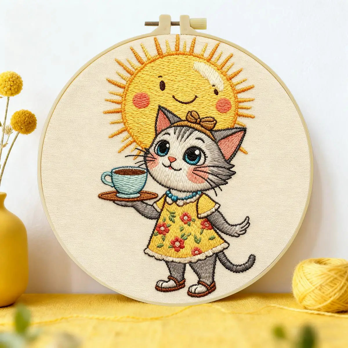 Cute Cat Tea Party Embroidery Kit – Kawaii Sunshine DIY Hand Embroidery Hoop Art Set