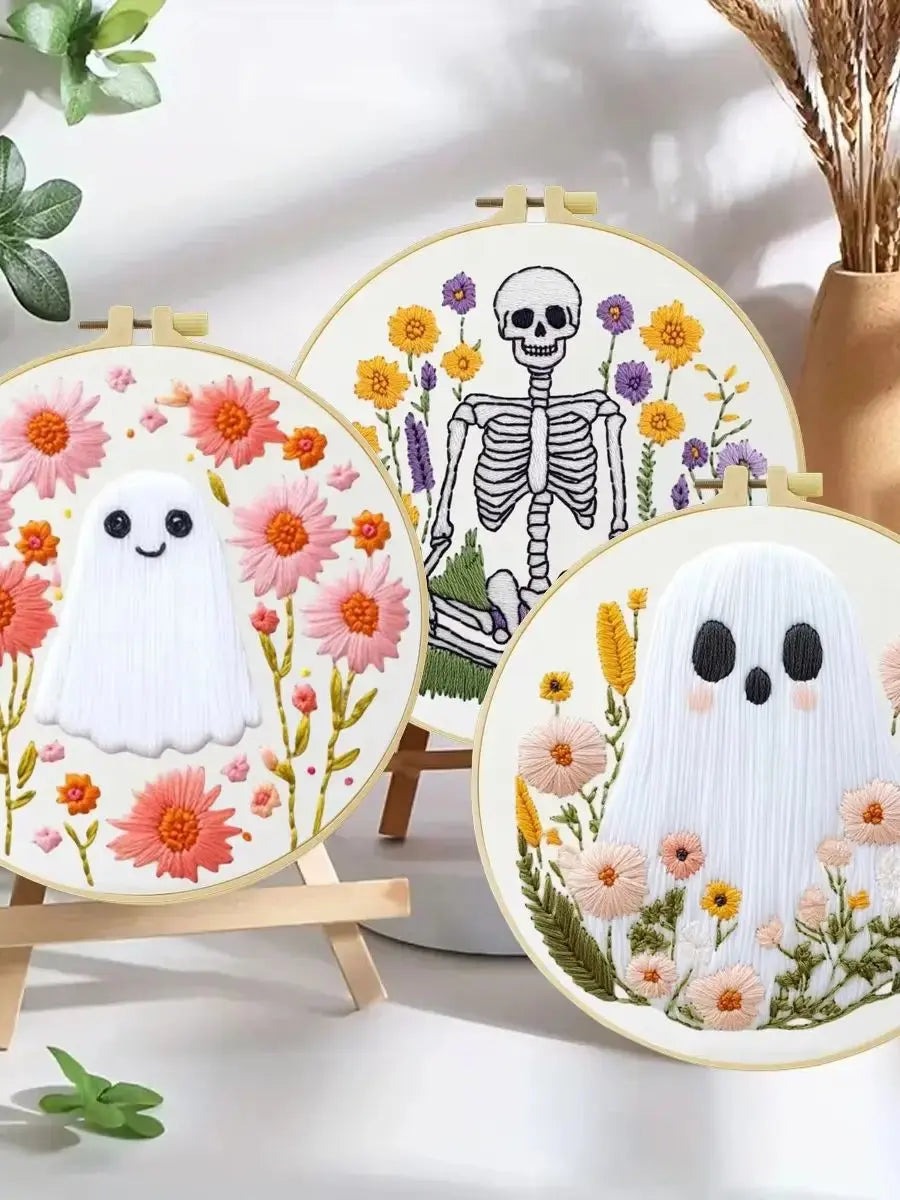 Floral Ghosts & Skeleton Embroidery Kit โ 3 Designs Kits For Stitchers