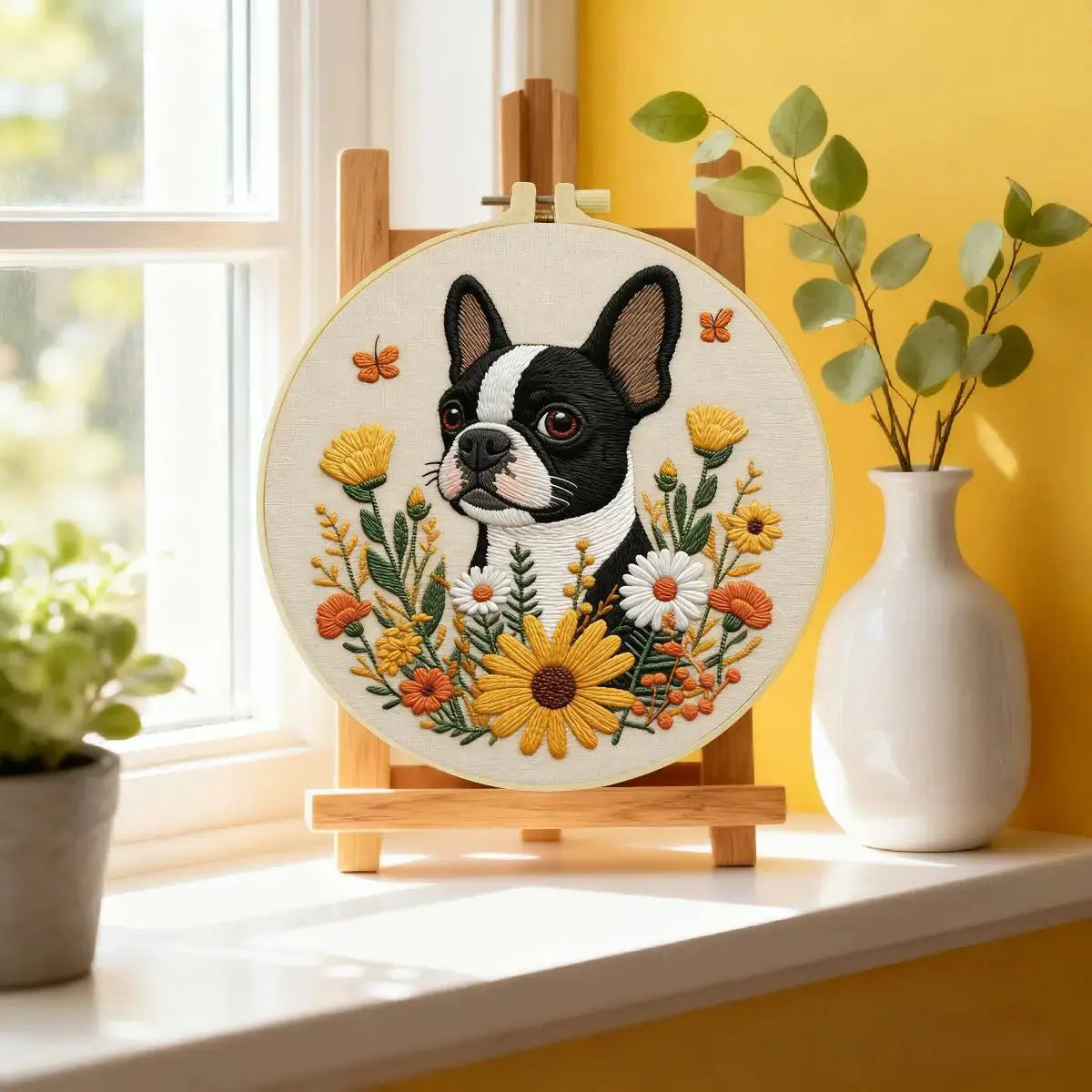 Boston Terrier Embroidery Kit – Floral Puppy DIY Hand Embroidery Hoop Art Set Kits For Stitchers