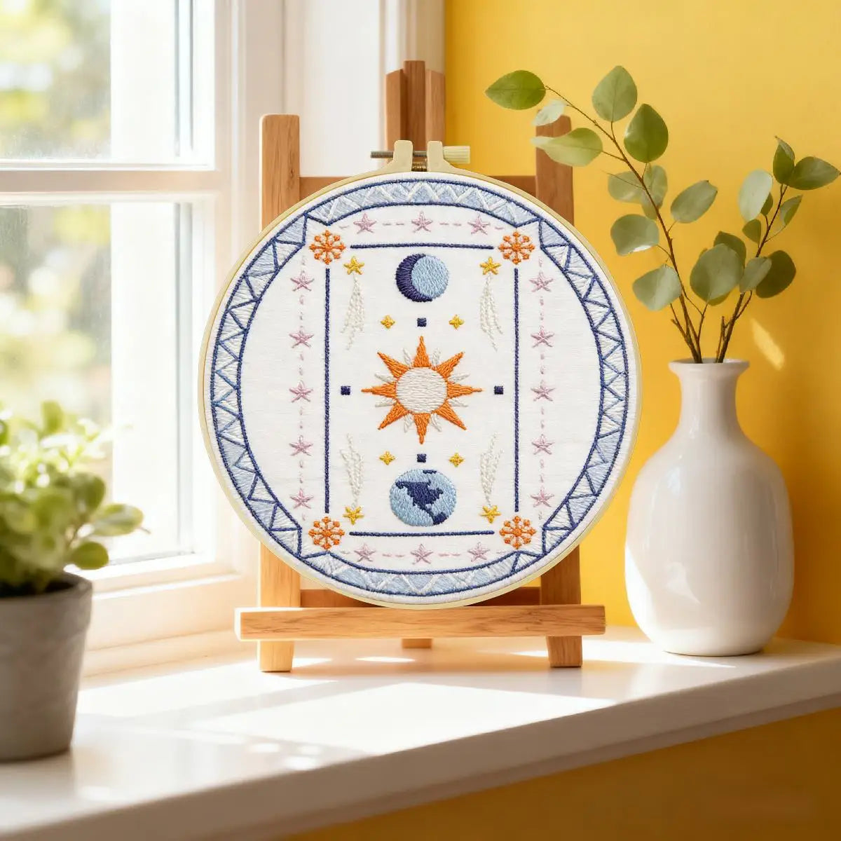Sun Moon Celestial Embroidery Kit – DIY Boho Astrology Hoop Art for Beginners & Craft Lovers