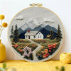 Mountain Cottage Embroidery Kit for Adults – Cozy Cabin Landscape with Wildflowers DIY Hand Embroidery Hoop Art Decor Gift