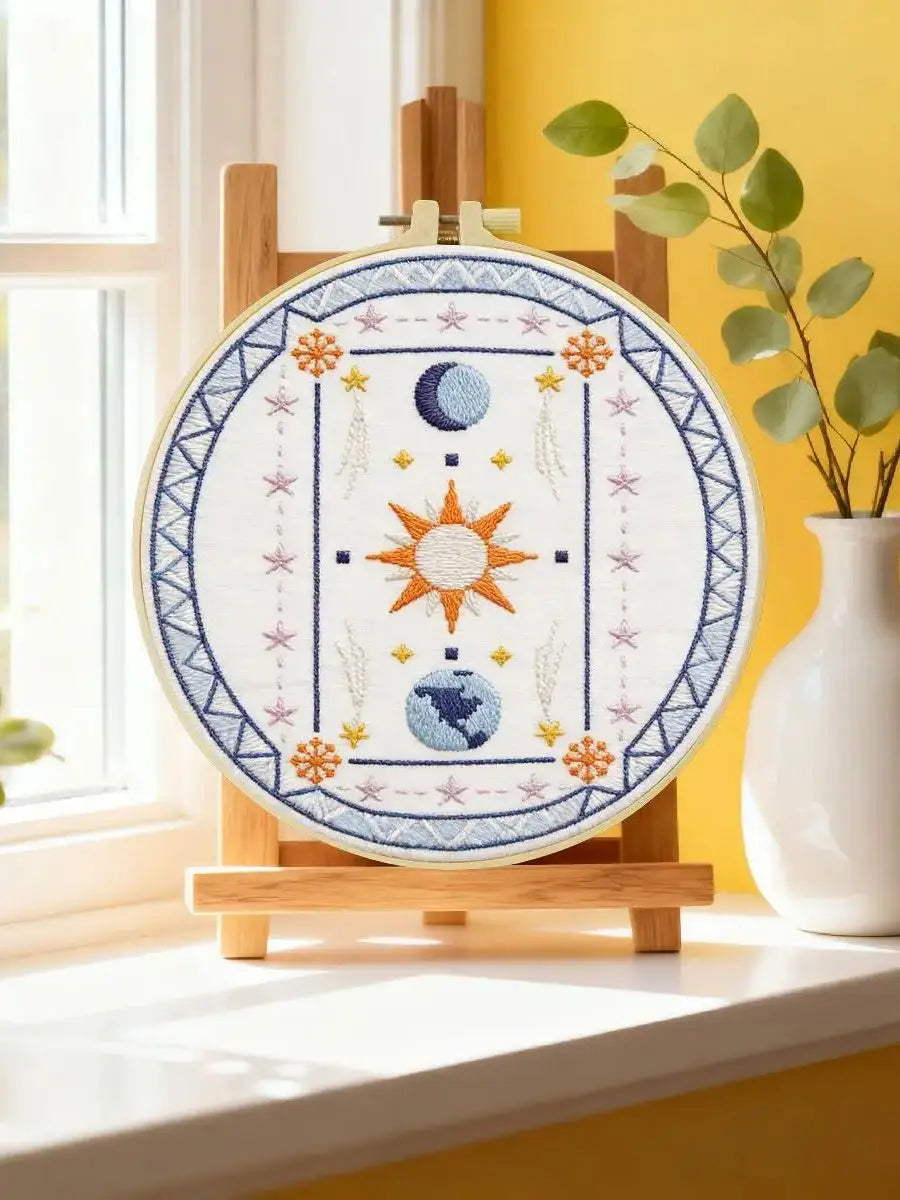 Sun Moon Celestial Embroidery Kit – DIY Boho Astrology Hoop Art for Beginners & Craft Lovers