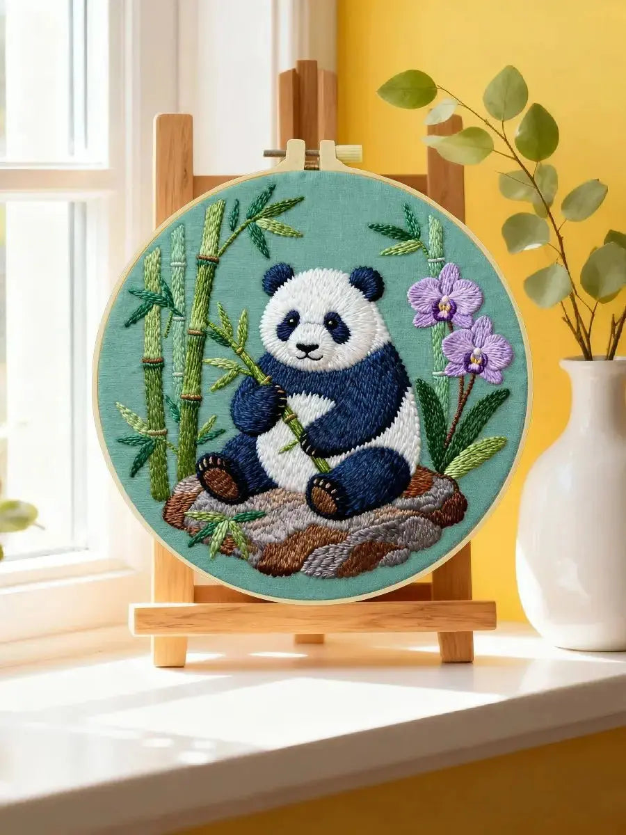 Handmade Panda Embroidery Hoop Wall Art – Cute Bamboo Nursery Animal Fiber Decor Kits For Stitchers