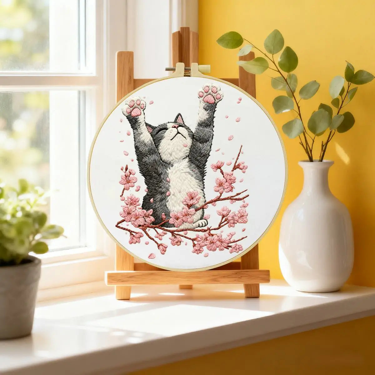 Stretching Cat Embroidery Kit – Cherry Blossom Kitty DIY Hand Embroidery Hoop Art Set