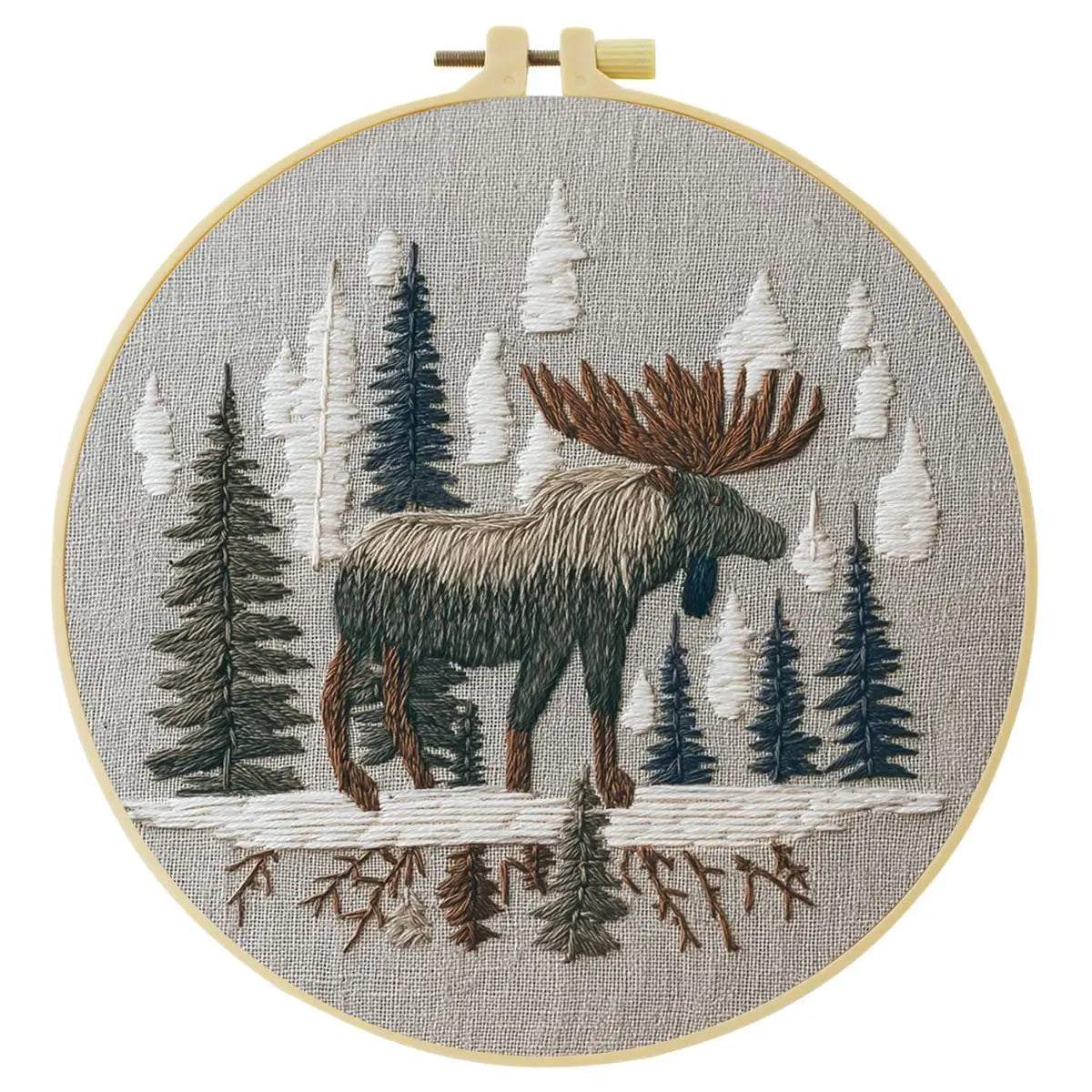 Woodland Moose Embroidery Kit – Rustic Forest DIY Hand Embroidery Hoop Art Set