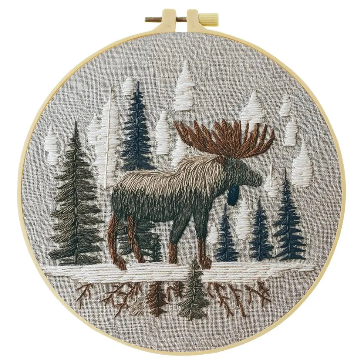 Woodland Moose Embroidery Kit – Rustic Forest DIY Hand Embroidery Hoop Art Set Kits For Stitchers