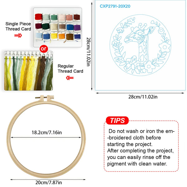 Giraffe Embroidery DIY Kit – Floral Animal Beginner Stitching Kit with Hoop, Pattern & Threads