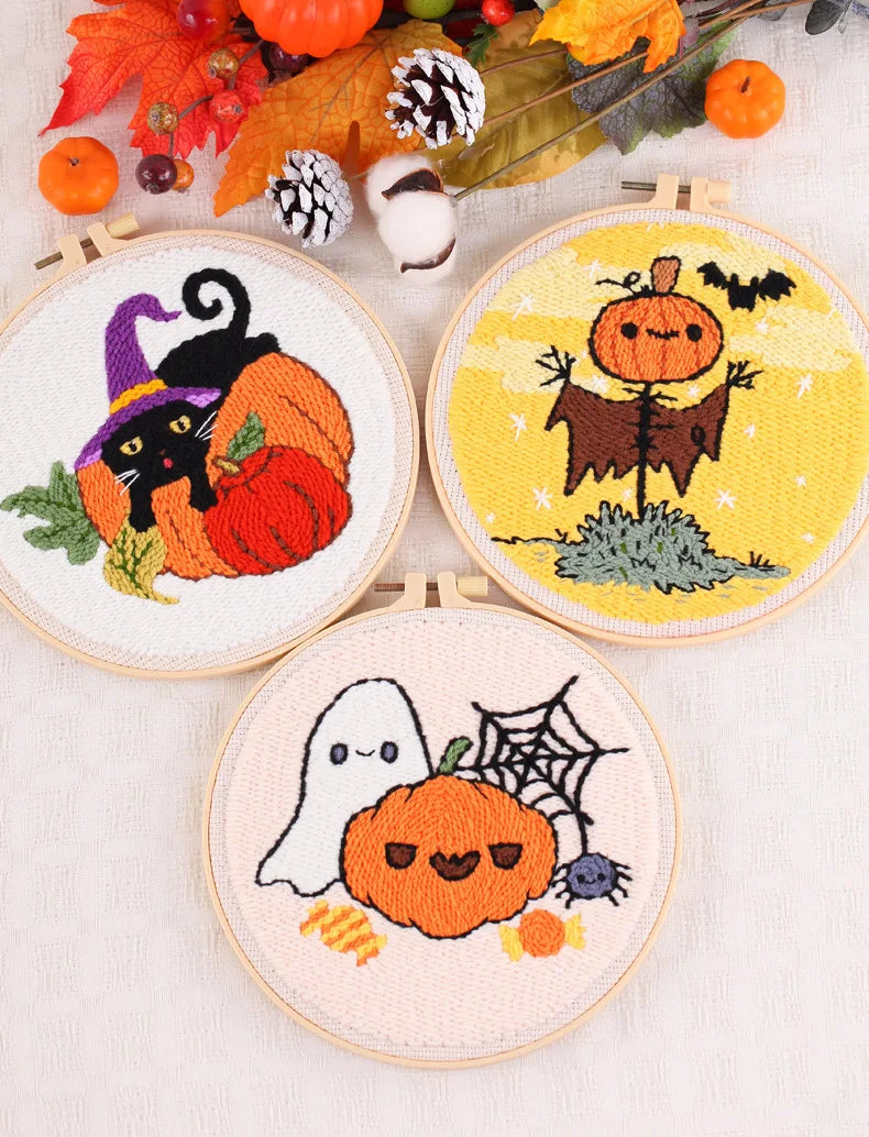 Cute Halloween Pumpkins & Ghosts Embroidery Kit – Set of 3
