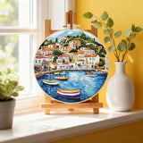 Mediterranean Coastal Village Embroidery Kit for Adults – Colorful Harbor Landscape DIY Hand Embroidery Hoop Art Travel Decor Gift