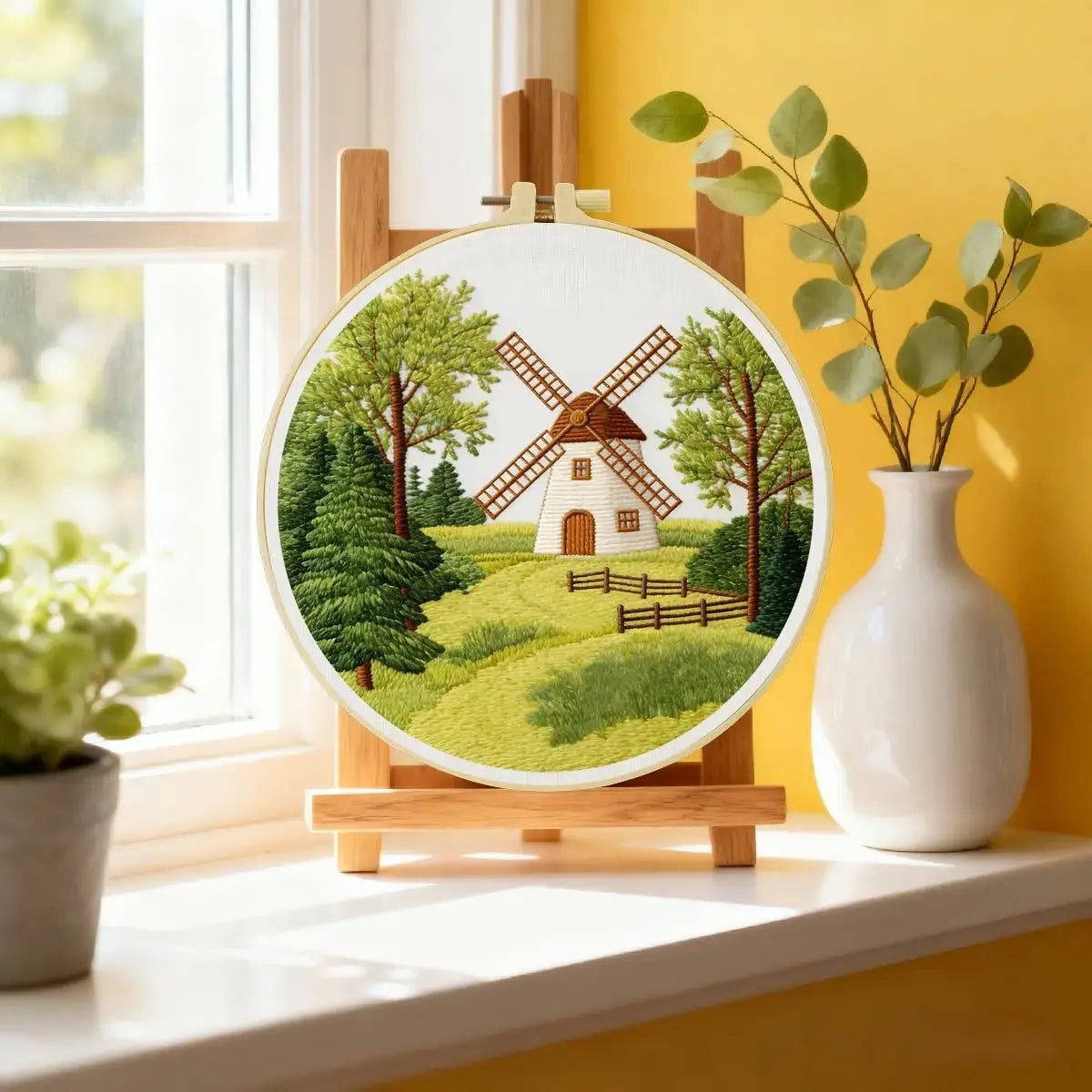 Countryside Windmill Embroidery Kit โ Peaceful Green Landscape DIY Hand Embroidery Set Kits For Stitchers