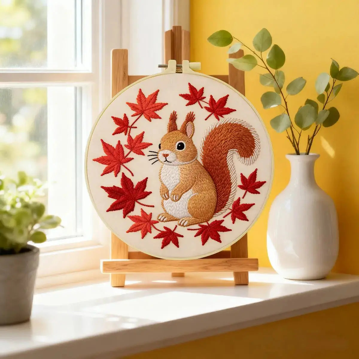 Autumn Squirrel Embroidery Kit โ Cute Woodland Maple Leaf Design Kits For Stitchers