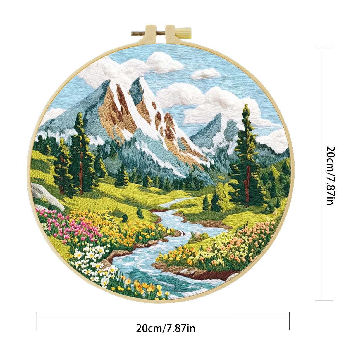 Mountain Wildflower Landscape Embroidery Kit – Alpine River Scenic DIY Needlepoint Hoop Art Nature Lover Craft Gift for Adults
